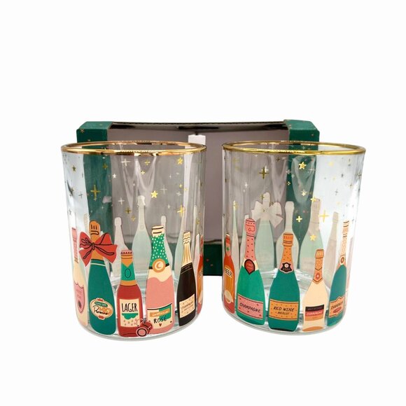 NWT NORDSTROM TMD SET OF 2 GOLD RIM CHAMPAGNE BOTTLE DESIGN ROCKS GLASSES - Picture 3 of 7